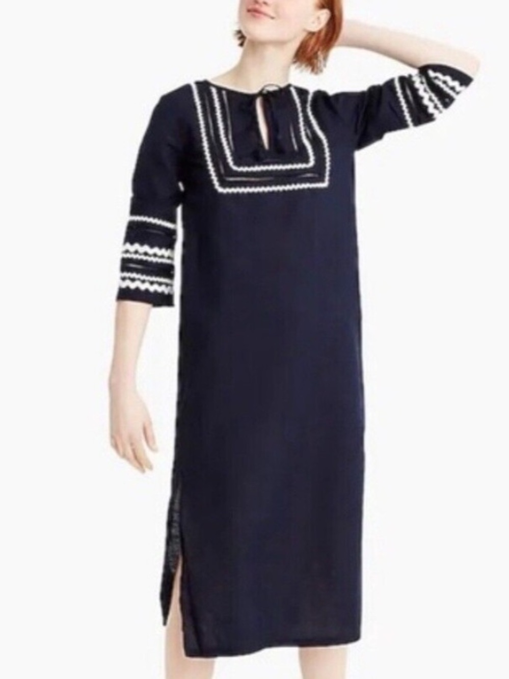J.Crew Women XS Navy Linen Cotton Long Beach Tunic Dress With Rickrack Trim NWT